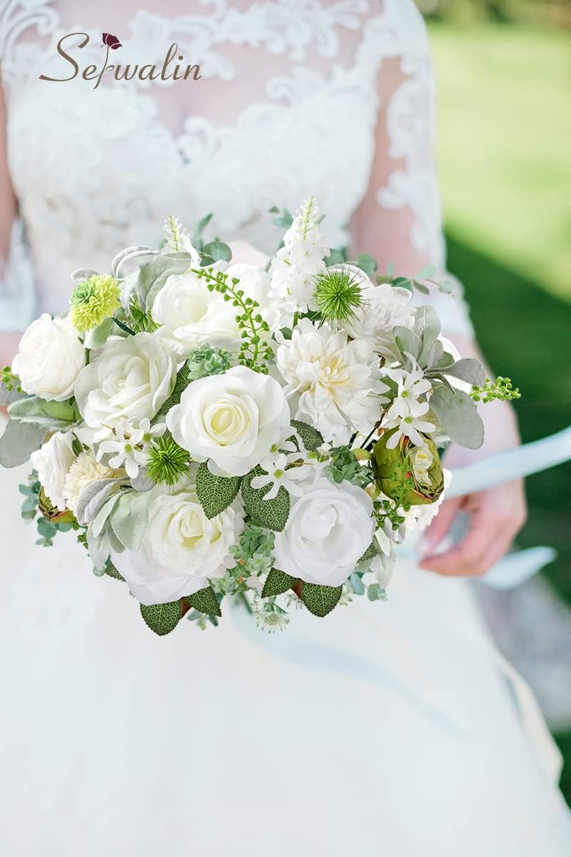 Serwalin Flores artificiales, flores blancas falsas, flores de seda para manualidades, ramos de boda, centros de mesa y arreglos florales, despedida
