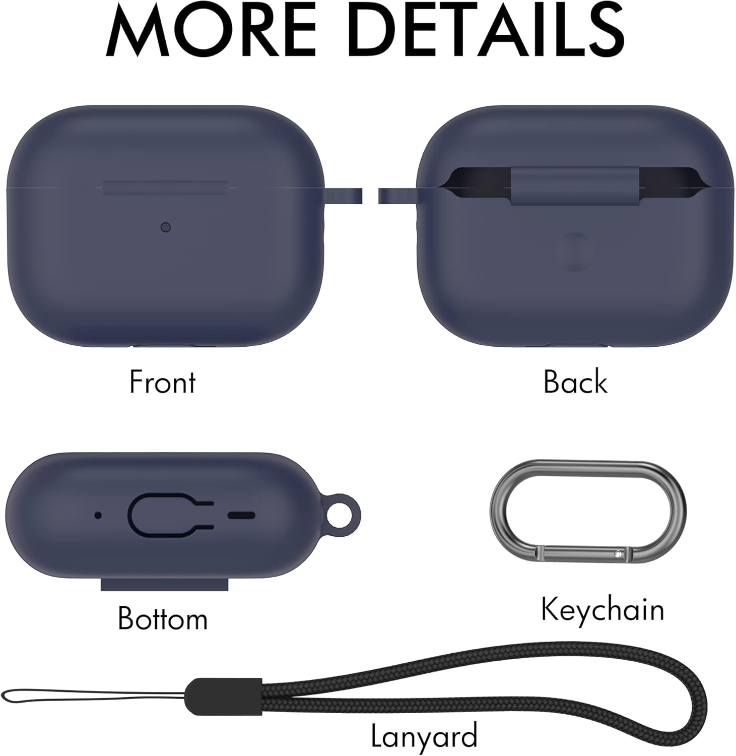 NIUTRENDZ Funda para AirPods Pro 2 generación 2022 de silicona con cordón y llavero carga inalámbrica y LED frontal visible (azul medianoche)
