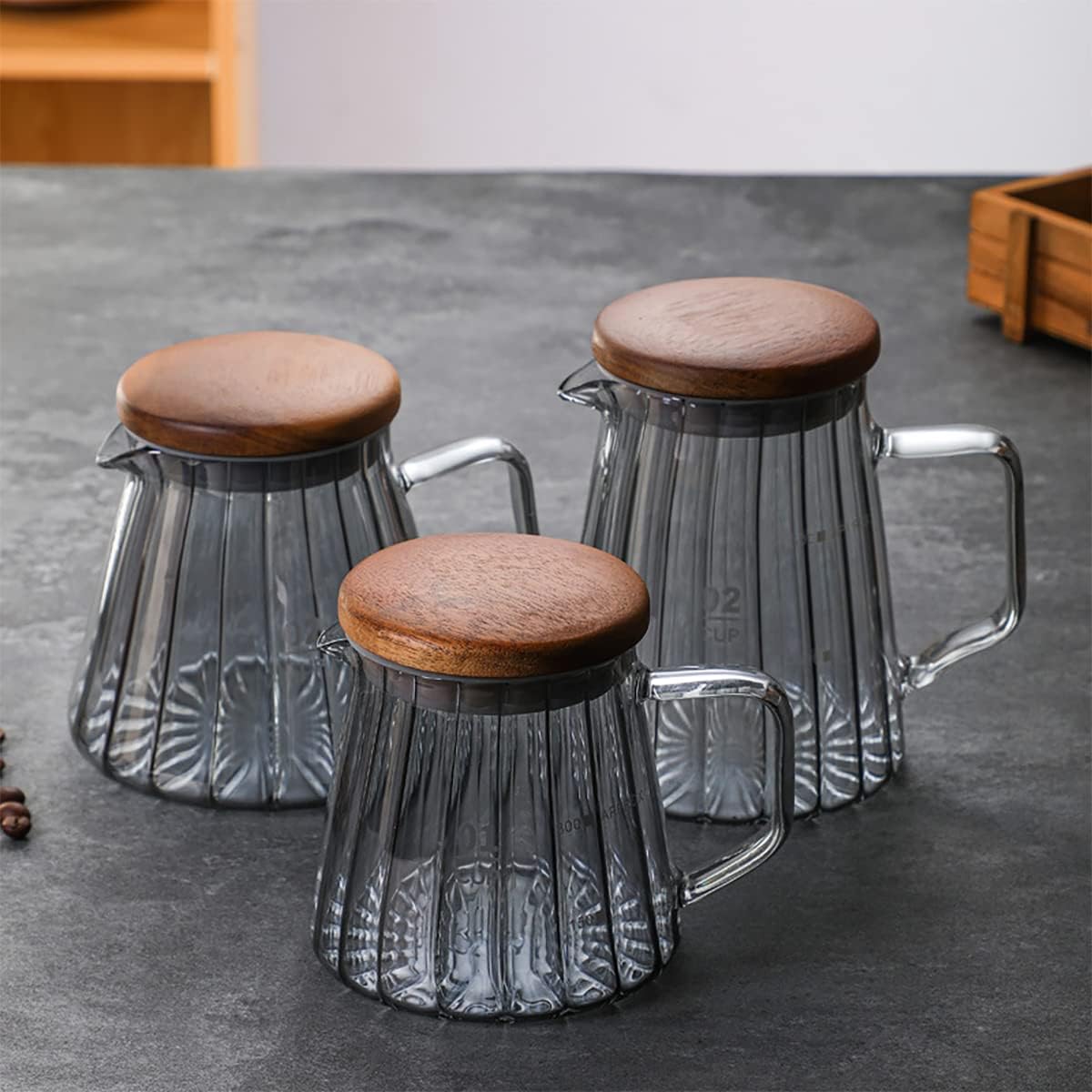 Elegante jarra de crema de vidrio en forma de ola, jarra de crema de leche para café, juego de servir con mango y tapa de madera, olla transparente,