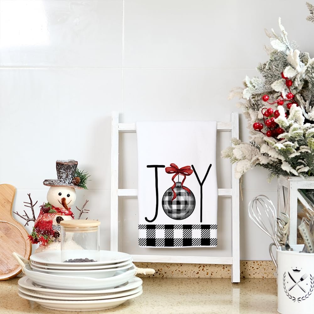 ARKENY Juego de 2 paños de cocina de Navidad para decoración de Navidad, diseño de búfalo negro, 18 x 26 pulgadas, color rojo Joy Noel, árbol de