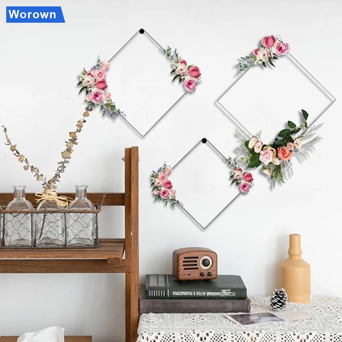 Worown Paquete de 6 coronas cuadradas de metal floral de 12 pulgadas, anillos plateados para atrapasueños para manualidades, corona de Navidad y
