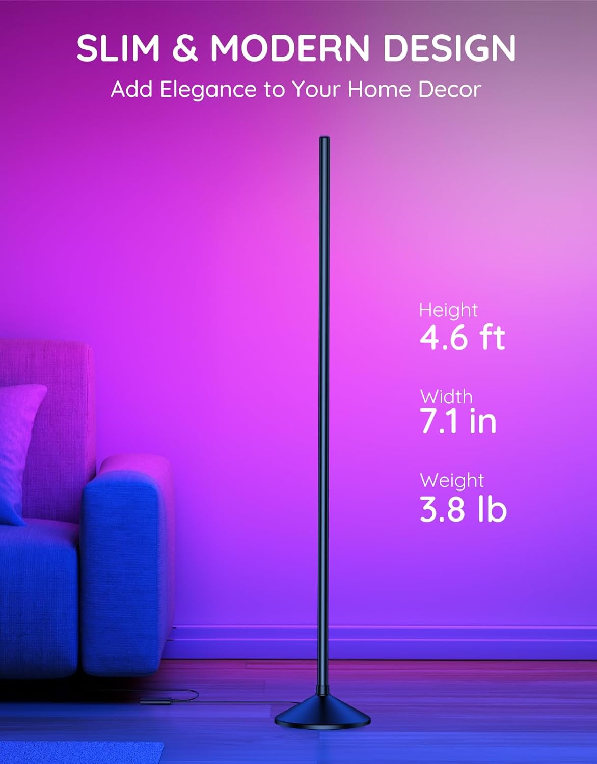 Lámpara de pie LED, lámpara de esquina RGB inteligente con control de aplicación, lámpara de pie moderna con sincronización de música, 16 millones