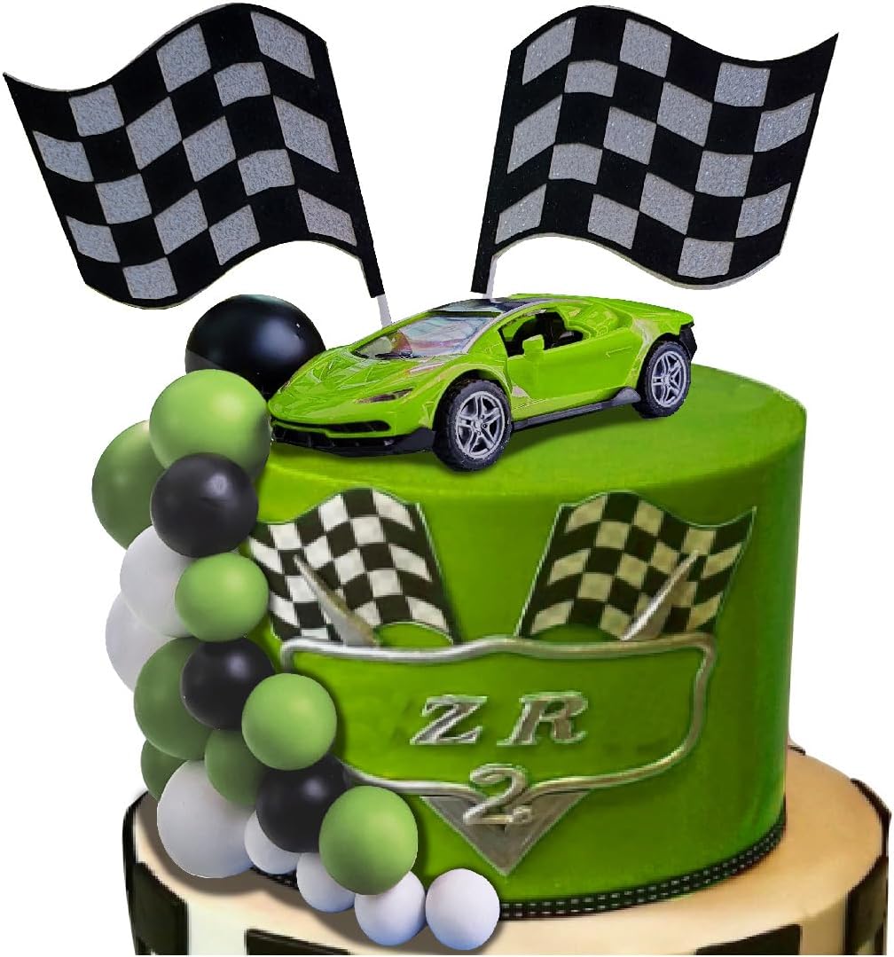 30 adornos para tartas de autos de carreras, bandera a cuadros, decoración de cumpleaños con bolas verdes, negras y blancas, bandera a cuadros para