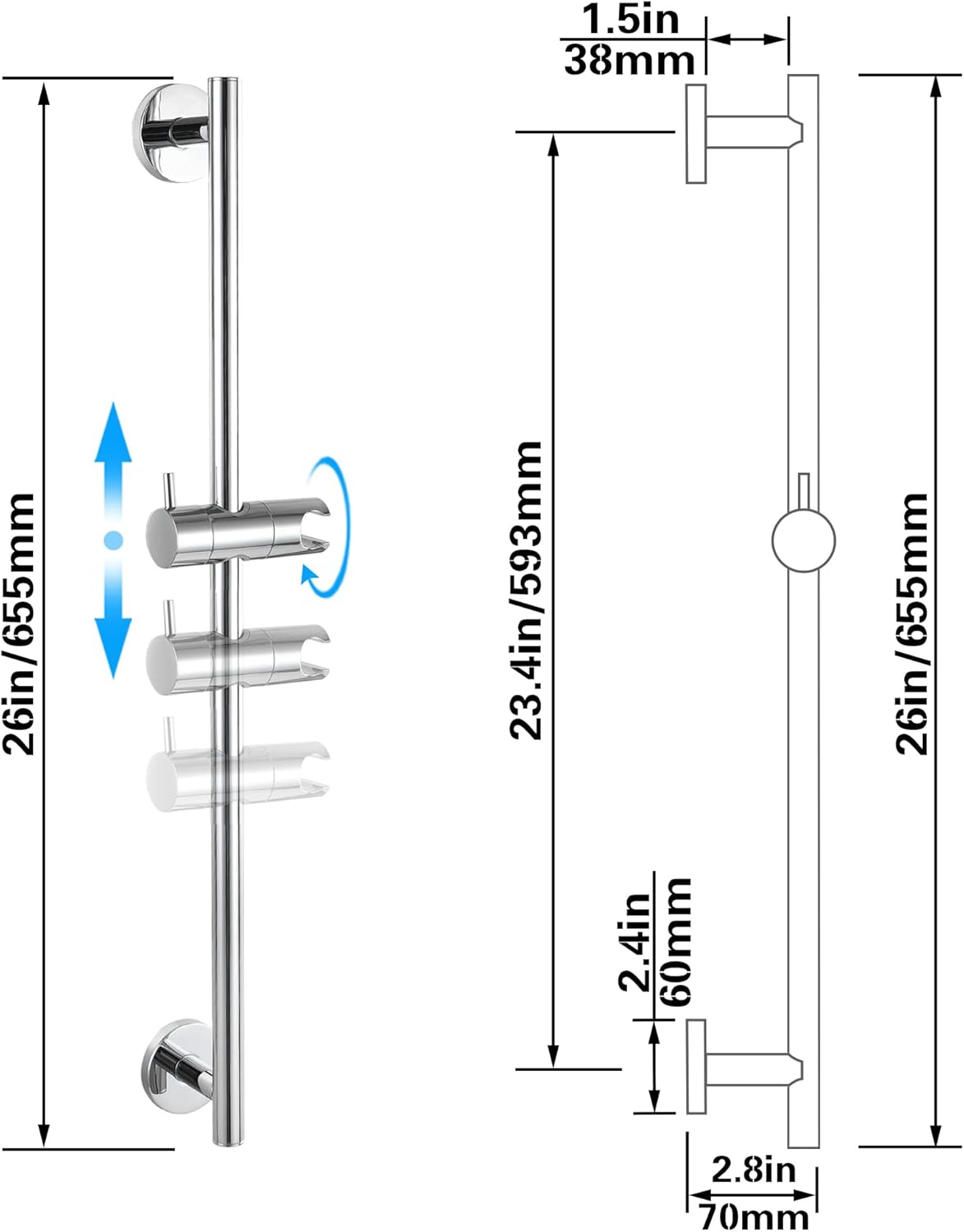 Barra de soporte para cabezal de ducha de baño, barra deslizante de 26 pulgadas de montaje en pared, sin taladro, con barra de ducha de mano