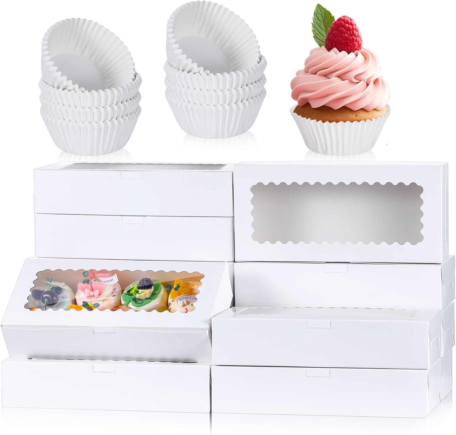 Yeaqee 12 cajas de golosinas de fresa de 5.5 x 2.5 pulgadas con ventana y tazas para hornear, incluye 50 cajas de fresa cubiertas de chocolate