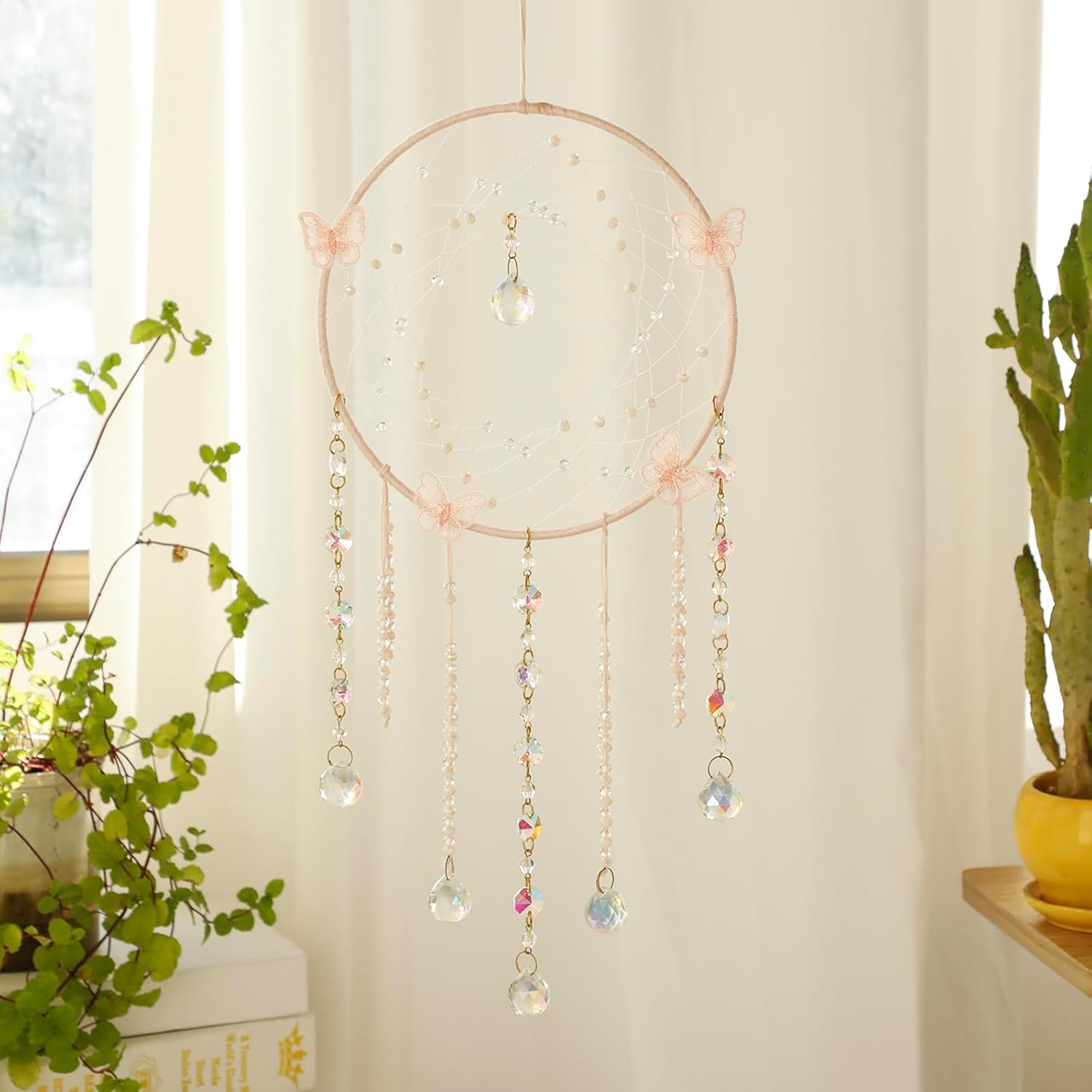 Artilady Atrapasueños de mariposa con cristales  Atrapasueños de luna rosa, grande, bohemio, decoración de pared, decoración del hogar, niñas,