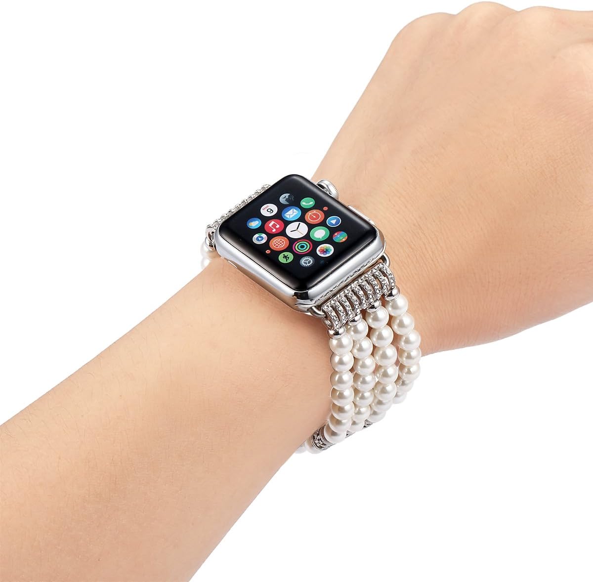 Fastgo correa para relojes Apple. Moderno brazalete con perlas sintéticas elastizado, hecho a mano. Correa de repuesto para iWatch para mujeres y