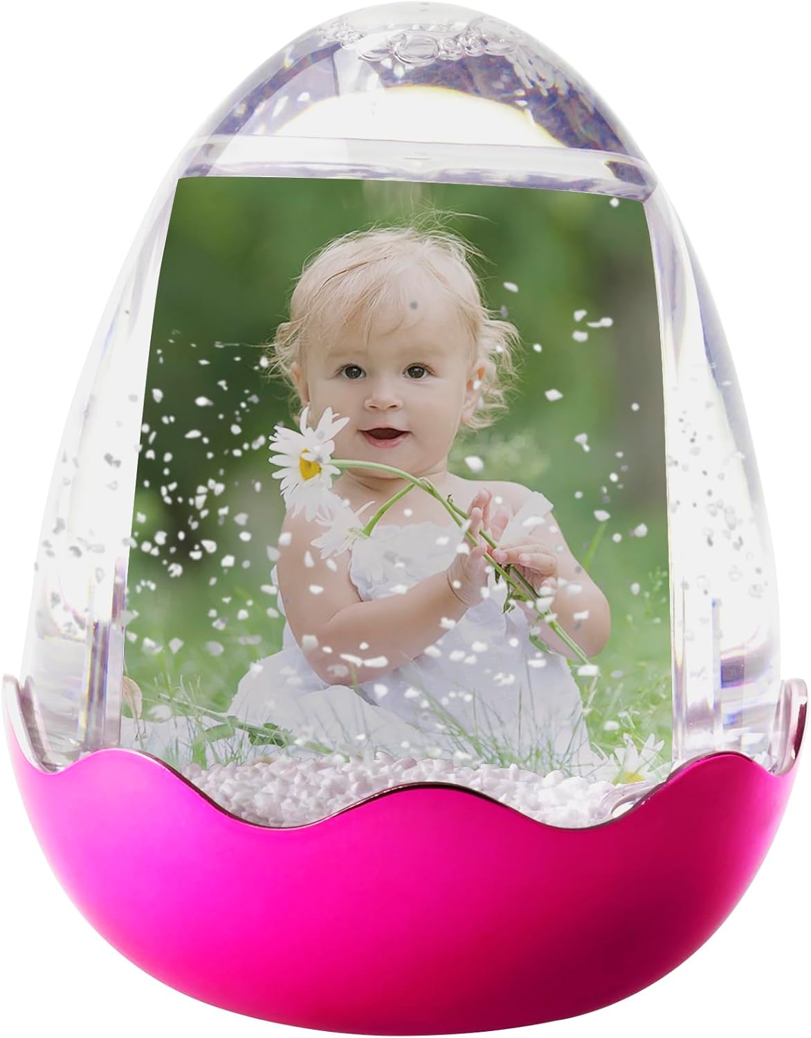 FINE PHOTO GIFTS Huevo de Pascua de plástico 2″ x 3″ foto globo de nieve con una base magenta chapada en metal