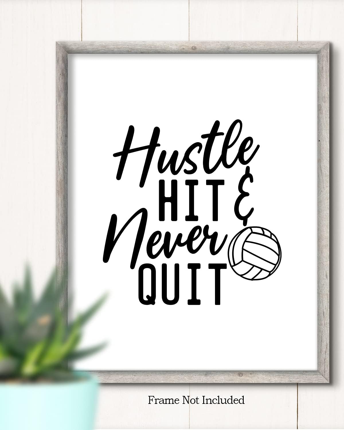 Hustle Hit & Never Quit – Arte de pared con cita motivacional de voleibol con un fondo blanco, obra de arte sin marco impresa en papel fotográfico