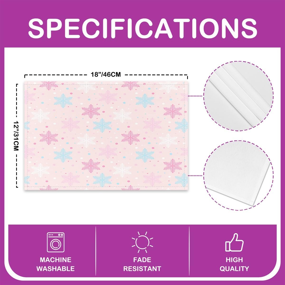 Juego de 4 manteles individuales de Navidad de 12 x 18 pulgadas, diseño de copos de nieve de Navidad para mesa de comedor, interiores y exteriores,