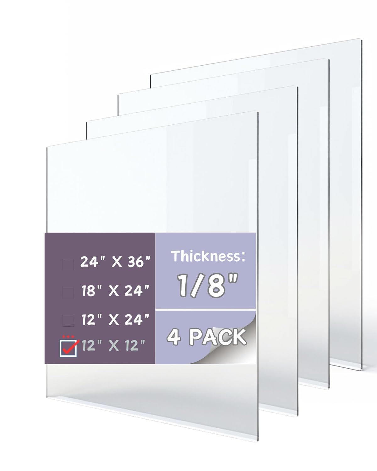 Hojas de plexiglás de 12 x 12 pulgadas de grosor (paquete de 4), hoja de plexiglás transparente cortada a medida, hoja de acrílico transparente,
