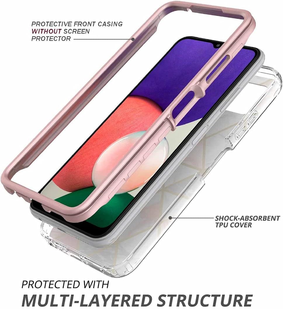 Jeylly 5 artículos Funda para Galaxy A22 5G con protector de pantalla y protector de lente de cámara, funda de mármol híbrida de policarbonato duro