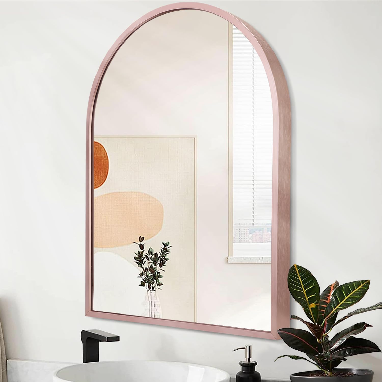 Espejo de pared de arco con marco de metal, espejo de pared para entrada, sala de estar, dormitorio, tocador, decoración de pared, oro rosa, 20 x 16