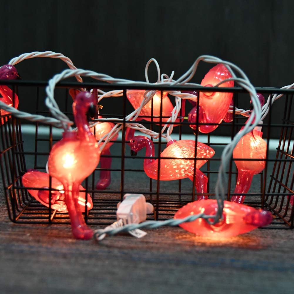 Guirnalda de luces de flamenco rosa con 10 luces de flamenco rosa, luces decorativas temáticas de verano para campamento, tienda de campaña, boda,