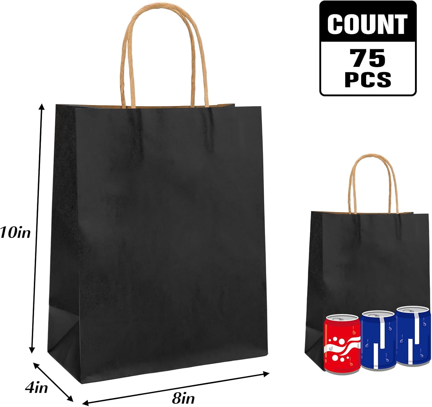 Moretoes 75 bolsas de regalo negras de 8 x 4 x 10 pulgadas, tamaño mediano a granel, bolsas de papel con asas, bolsas de regalo para pequeñas