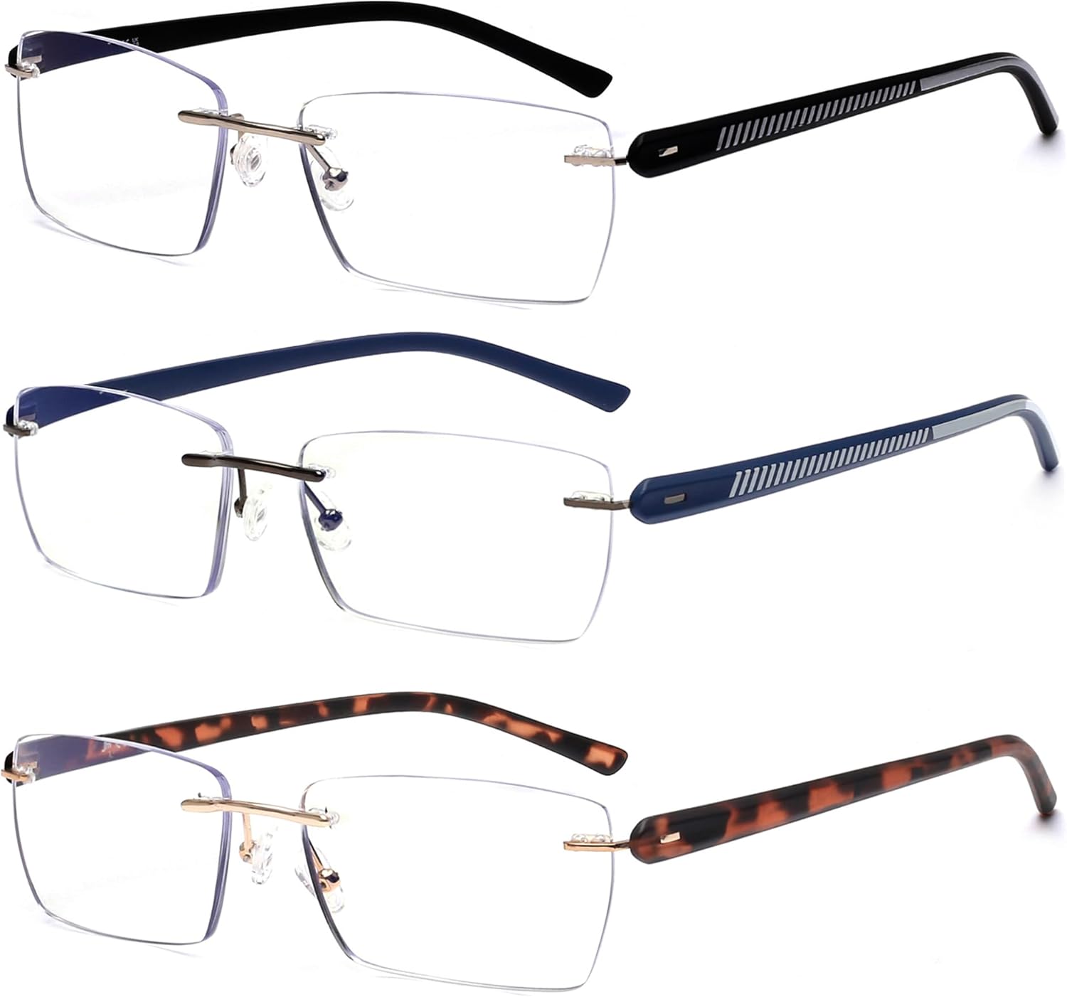 JM Paquete de 3 lentes de lectura sin montura para hombres, bloqueo de luz azul, rectángulos, ligeros, sin marco, para lectura de computadora