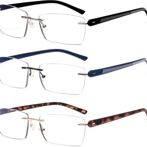 JM Paquete de 3 lentes de lectura sin montura para hombres, bloqueo de luz azul, rectángulos, ligeros, sin marco, para lectura de computadora JM Paquete de 3 lentes de lectura sin montura para hombres, bloqueo de luz azul, rectángulos, ligeros, sin marco, para lectura de computadora