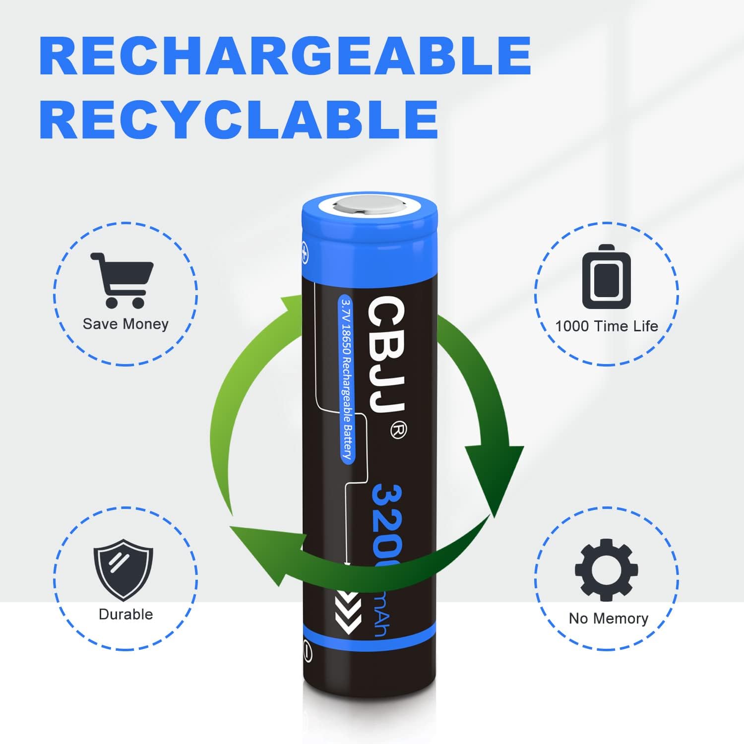 Batería recargable 18650 de 3.7 voltios 3200 mAh 18650 batería 3.7 V 18650 de parte superior plana para linternas, faros (2 unidades, azul)