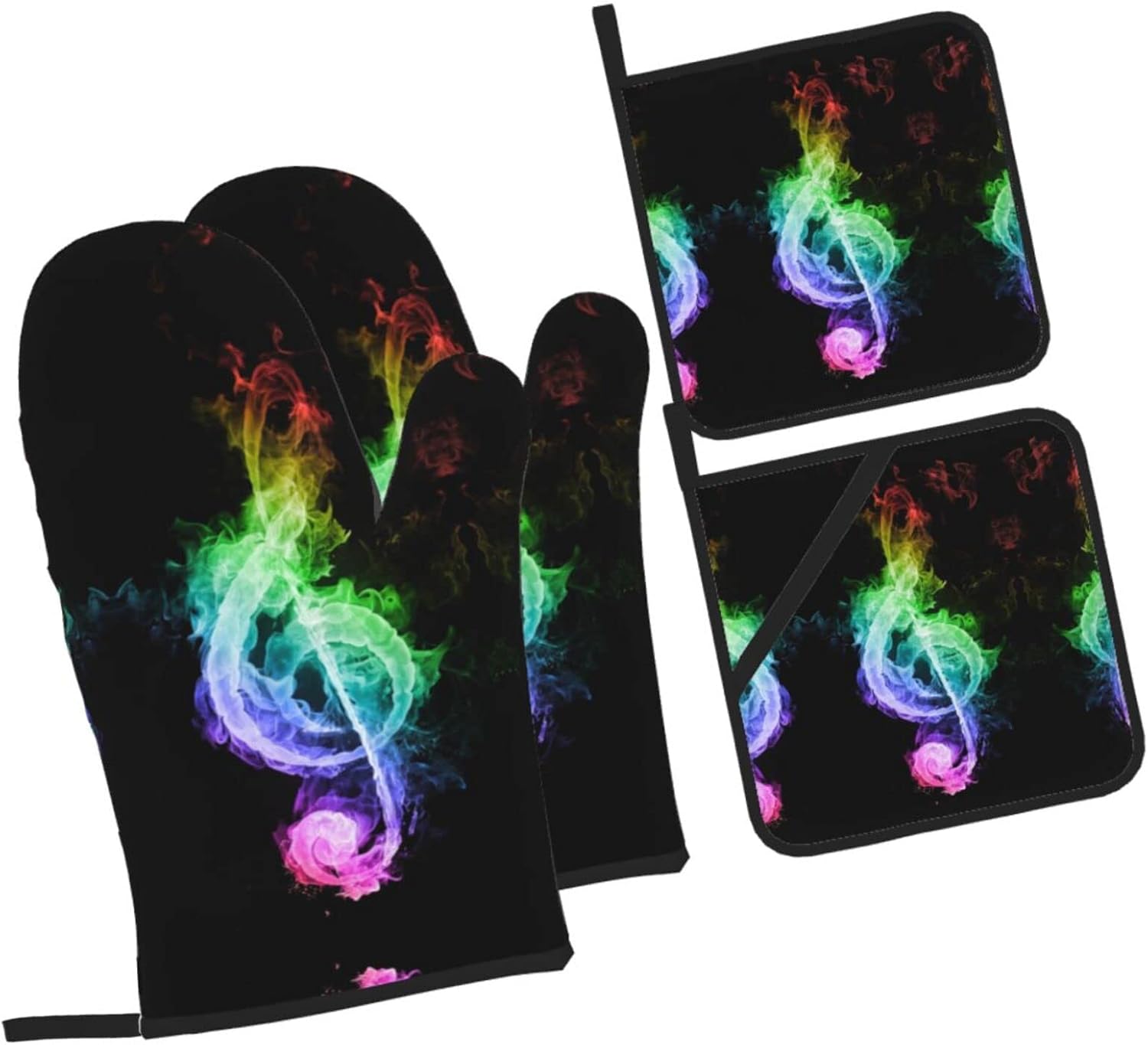 Juego de 4 guantes de horno y soportes para ollas de notas musicales coloridas, resistentes al calor, antideslizantes, de algodón, para cocinar