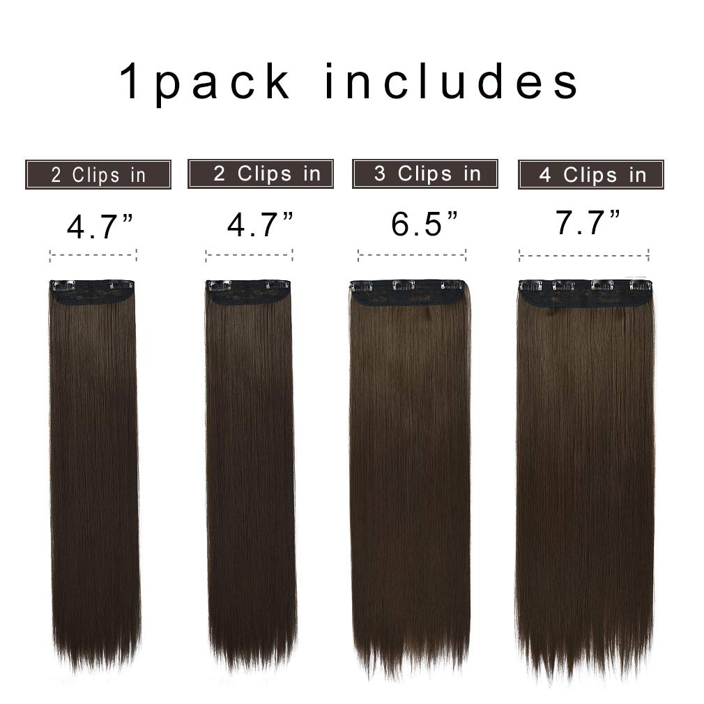 REECHO – Juego de 4 extensiones de cabello con clip de 24pulgadas, lacio, largo y grueso, marrón ceniza medio