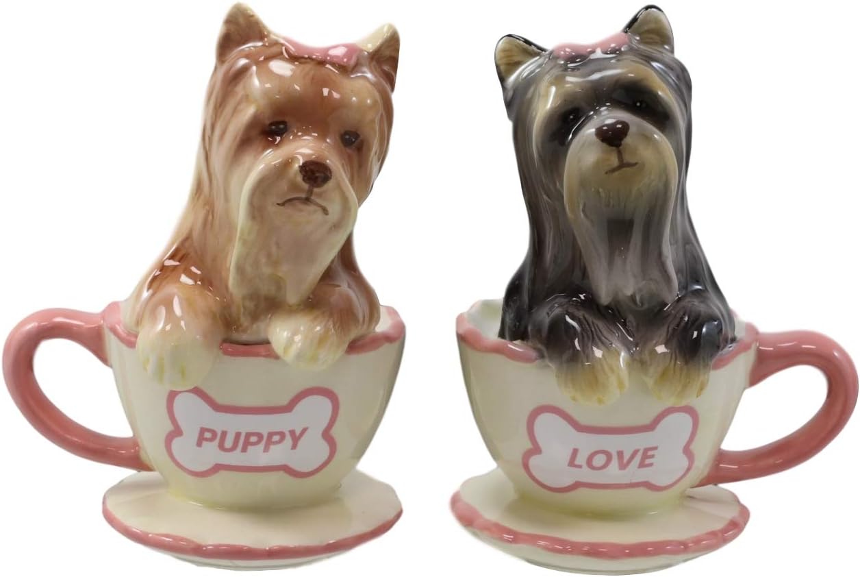 Ebros – Juego de salero y pimentero de cerámica de Yorkshire Terriers Yorkie de cerámica con tazas de té, juego de salero y pimentero, figuras de