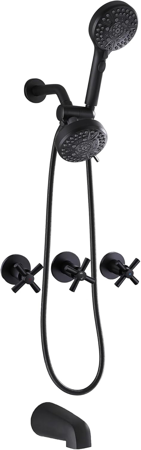 Juego de grifo de ducha de 3 manijas negro mate con boquilla de bañera, kit de molduras de bañera y ducha con válvula NIITAWH