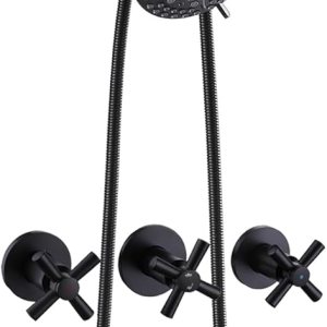 Juego de grifo de ducha de 3 manijas negro mate con boquilla de bañera, kit de molduras de bañera y ducha con válvula NIITAWH Juego de grifo de ducha de 3 manijas negro mate con boquilla de bañera, kit de molduras de bañera y ducha con válvula NIITAWH