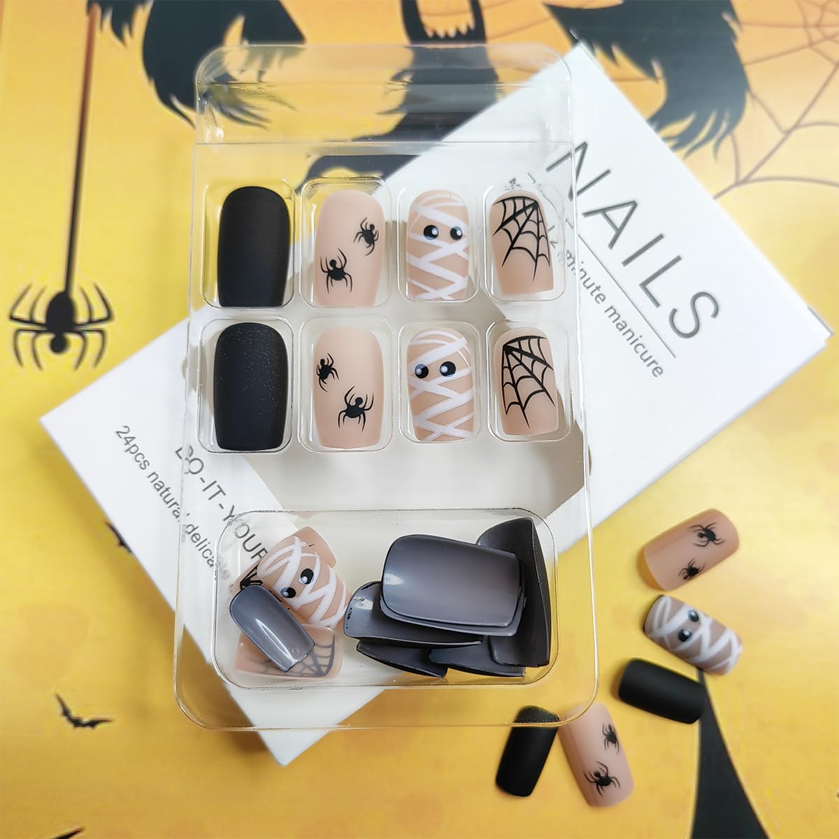 24 uñas postizas cuadradas medianas con telarañas, diseño de arañas, arañas, diseño de arañas zombies, uñas adhesivas de cobertura completa, uñas
