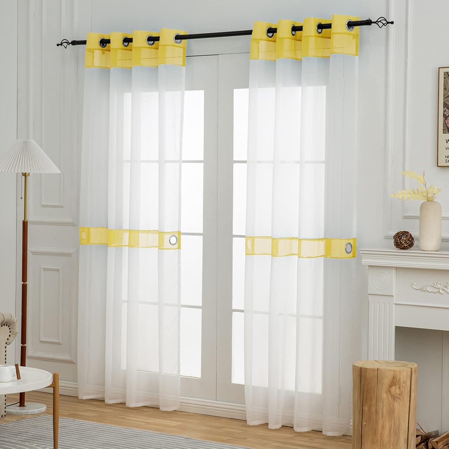 2 paneles de cortinas traslúcidas blancas de 63 pulgadas de largo, para sala de estar o dormitorio con alzapaños, cortinas ligeras para ventana (56