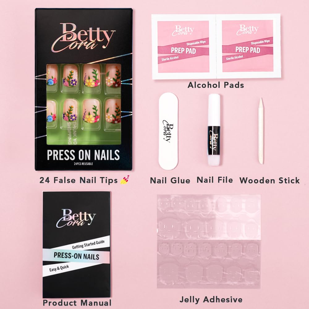 BettyCora – Uñas postizas cuadradas cortas a presión, 24 puntas de uñas con pegamento para uñas, uñas de flores amarillas