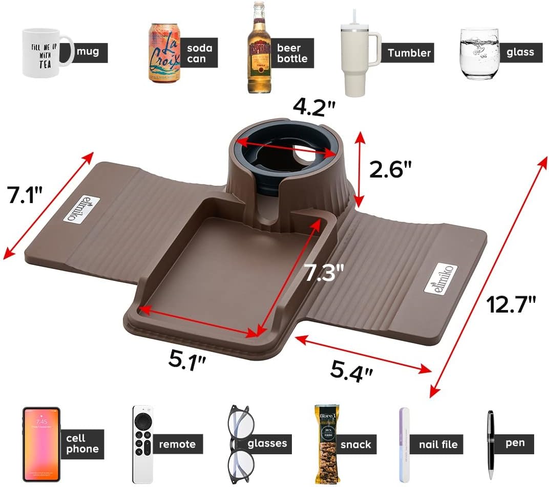 Elimiko – Bandeja para portavasos de sofá, de silicona, con soporte grande para tazas y bandeja, para tazas de gran tamaño, control remoto largo,
