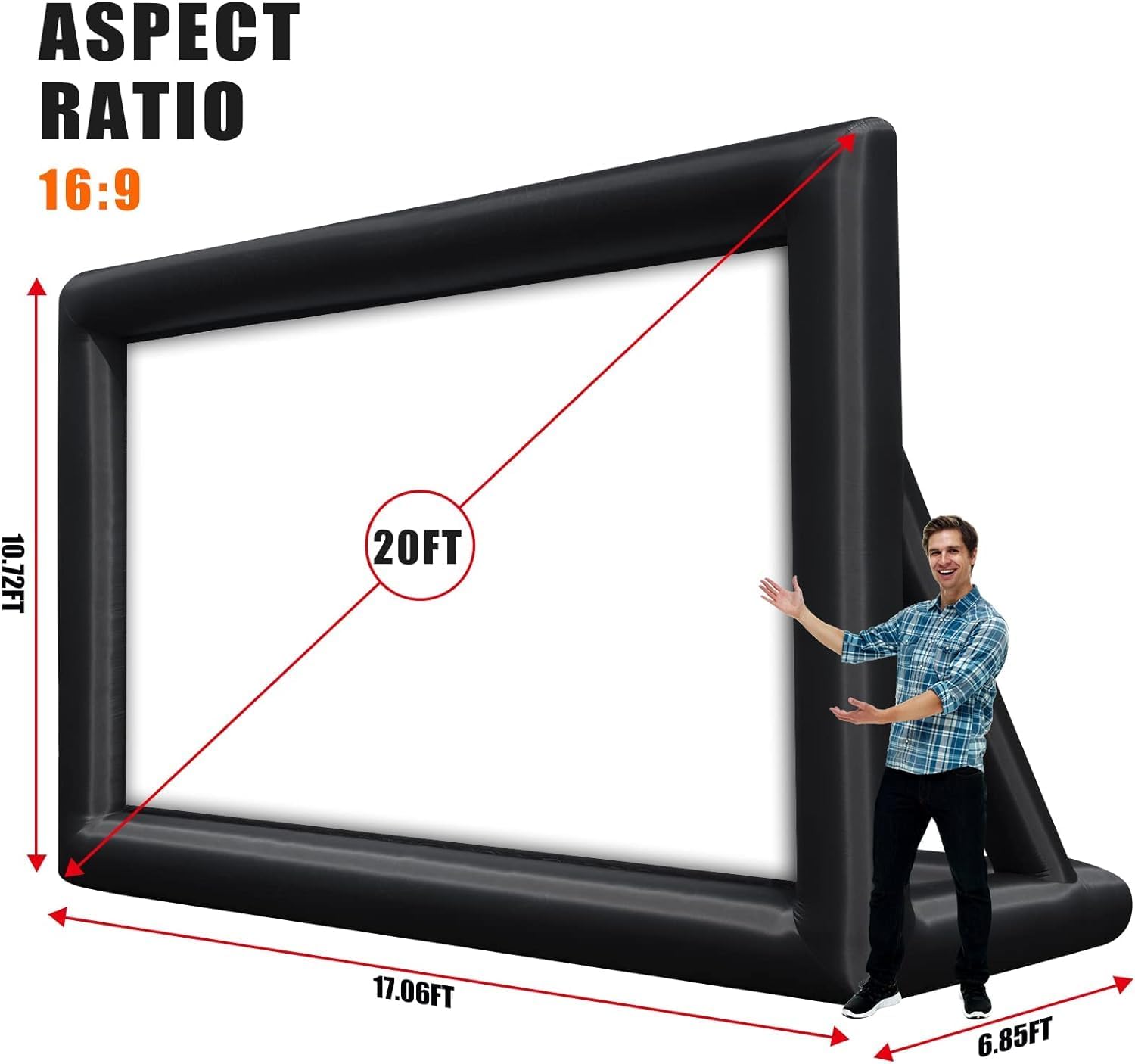 CHEINAUTO – Pantalla de proyector inflable, 20 pies, portátil, para exteriores, proyección frontal y trasera, con cuerda, soplador de aire, clavos