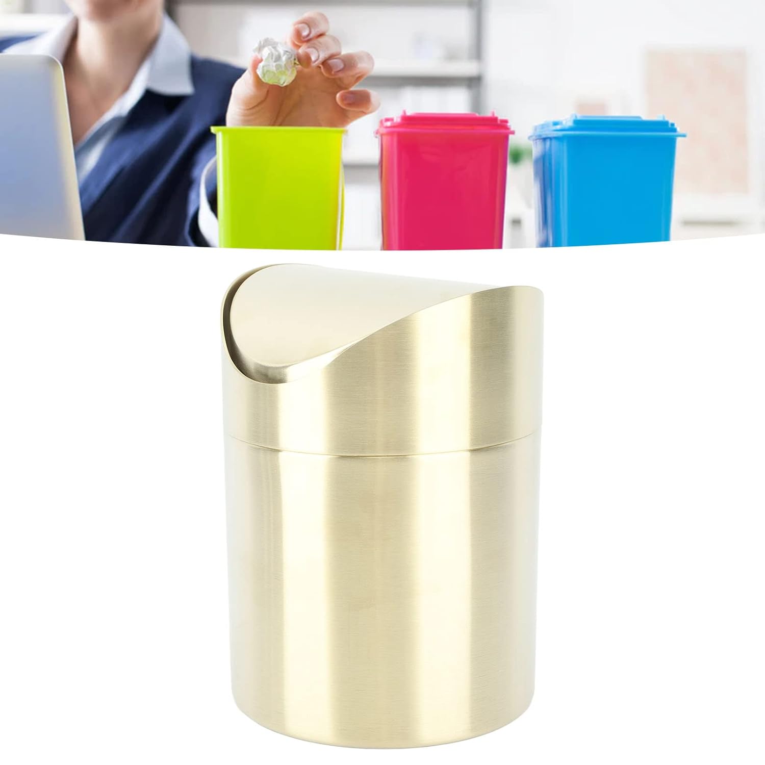 Papelera de escritorio de acero inoxidable, mini bote de basura con tapa, pequeño basurero, tapa abatible superior, papelera compacta para encimera