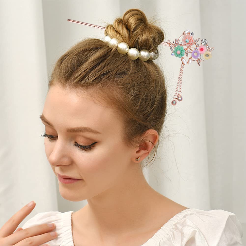 Paquete de 4 palillos para el cabello con flores de diamantes de imitación para moños, palillos de pelo con borlas vintage, accesorios de peinado