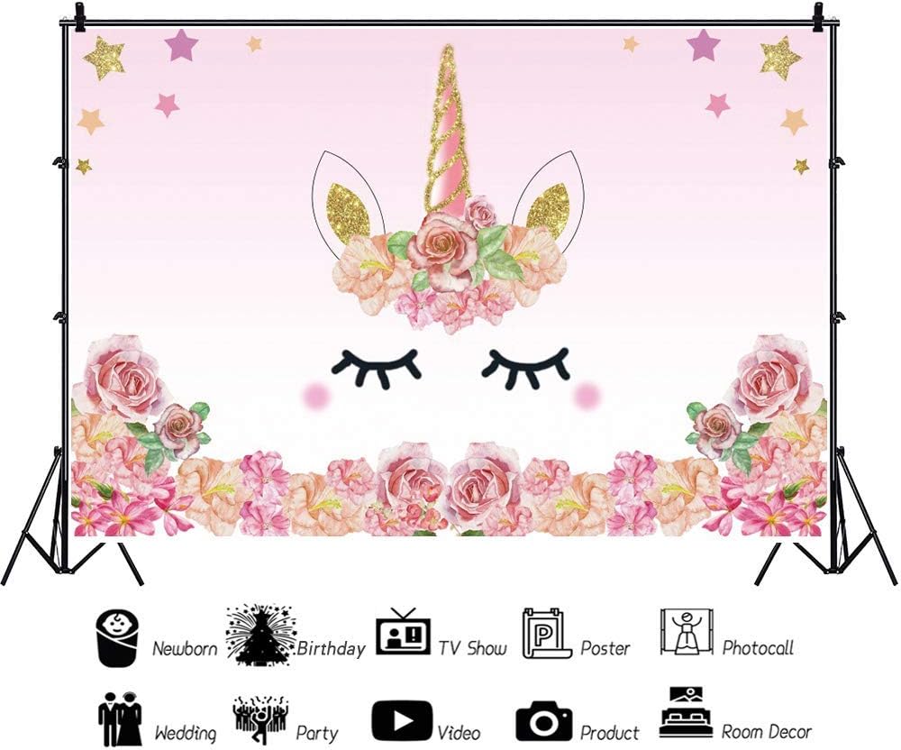 Laeacco Fondo de fotografía de unicornio de 6 x 4 pies, fondo de unicornio floral rosa, decoración de fiesta de cumpleaños de bebé, cabina de fotos,