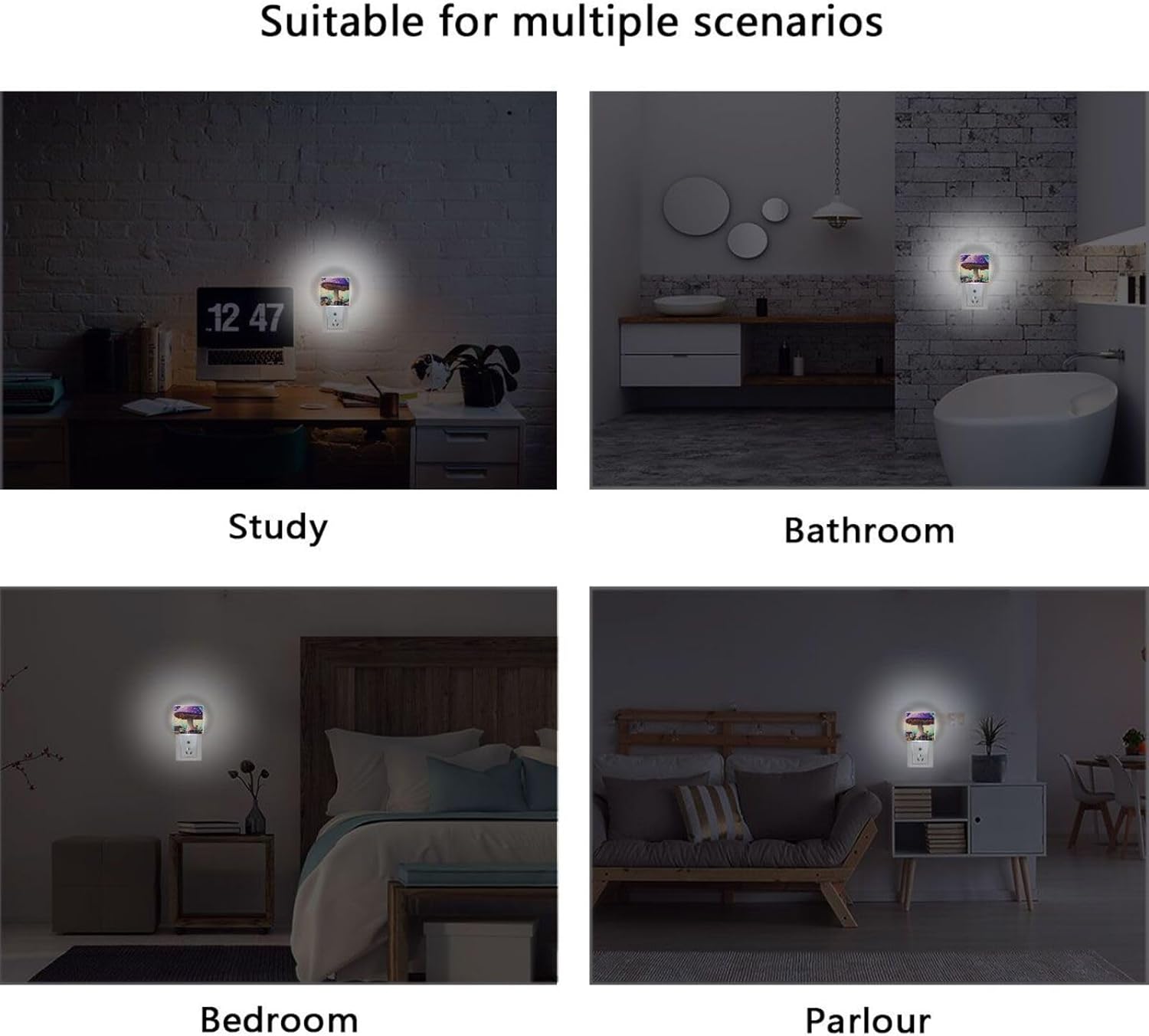 Luz nocturna de hongos morados grandes enchufables en la pared, luz nocturna LED con sensor de atardecer a amanecer, 2 unidades, 3 x 4.5 x 1.4