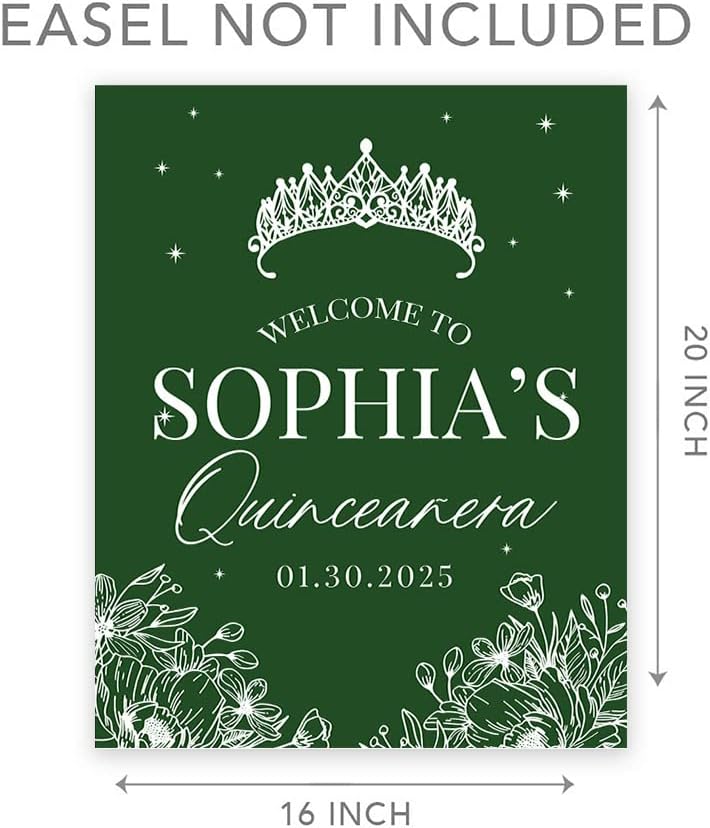 Andaz Press Letrero de bienvenida de quinceañera grande, corona con líneas florales de 16 x 20 pulgadas, lienzo premontado para Mis Quince Años,