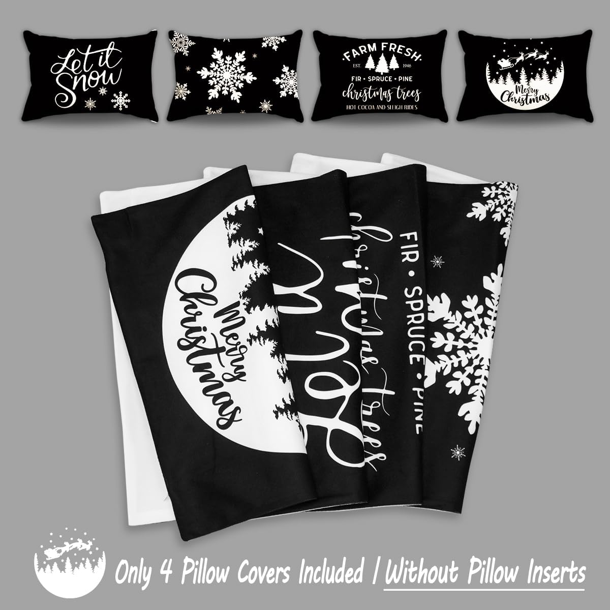 JOJOGOGO Juego de 4 fundas de almohada lumbar de Navidad en blanco y negro de 12 x 20 pulgadas, decoración de Navidad negra, copo de nieve, árbol de