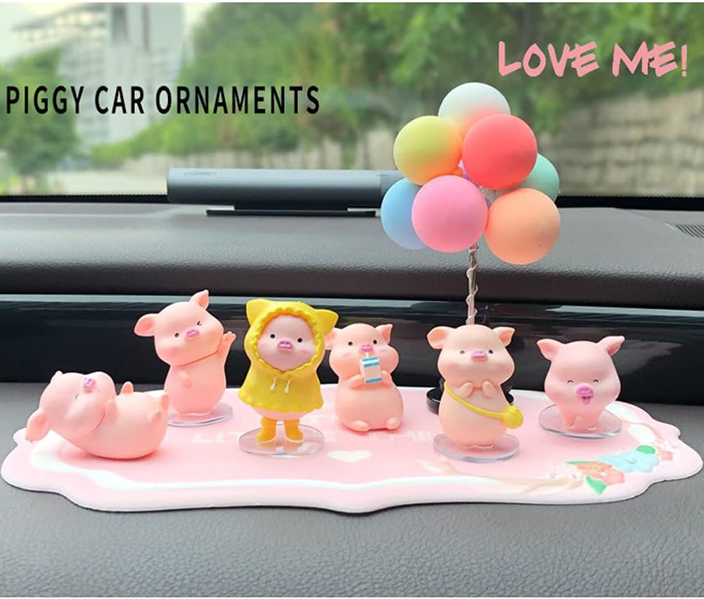 Adornos de juguete de cerdito de la suerte, 6 piezas de lindo cerdo con globo, decoración de tablero de automóvil, muñeca de cerdo temblorosa,
