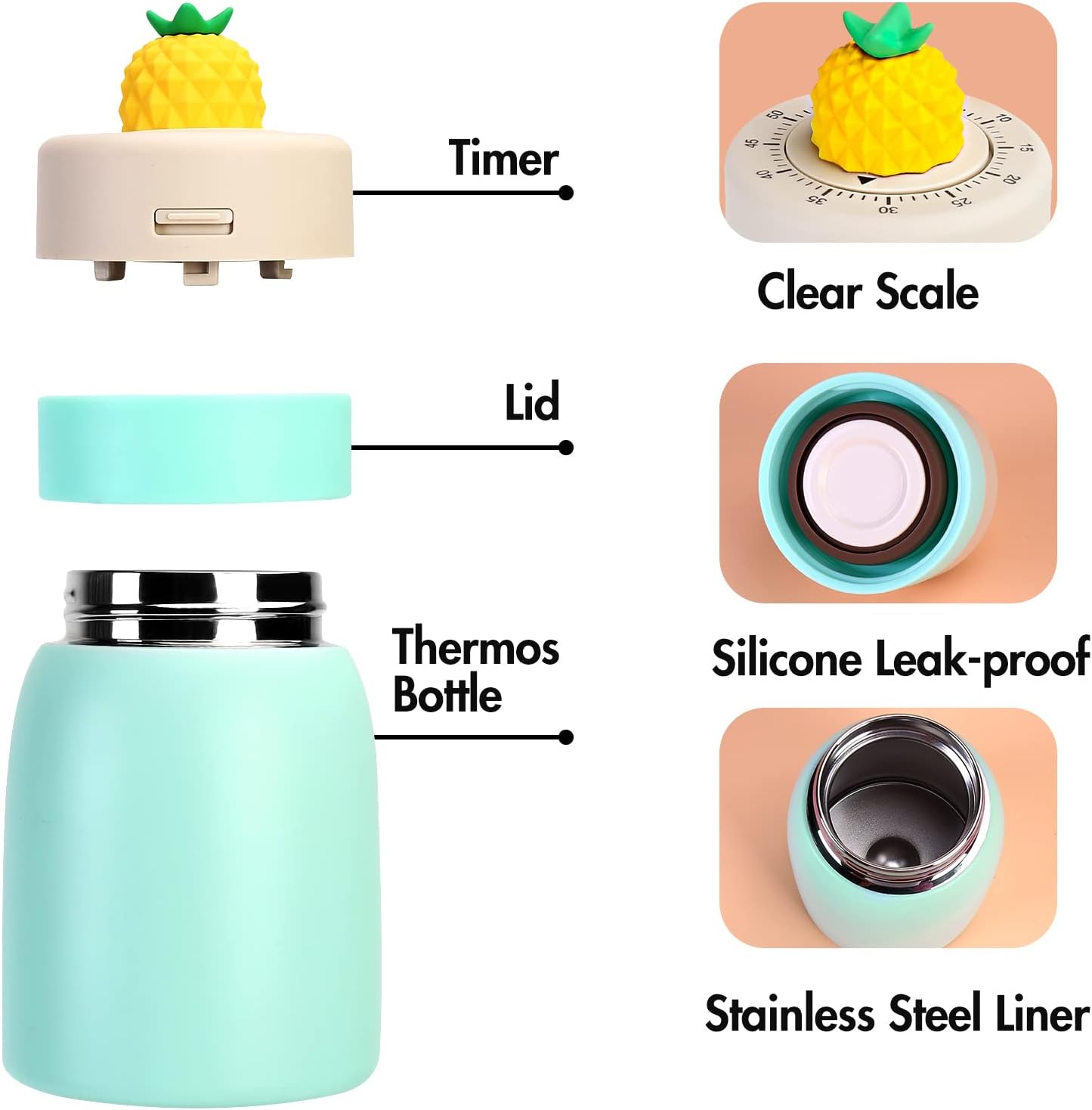 Micnaron Botella de agua de 12 onzas con aislamiento al vacío, de acero inoxidable con temporizador, doble pared aislada al vacío, mantiene las