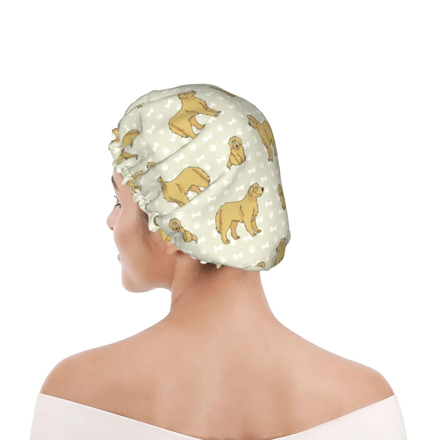 Golden Retriever Dogs Pattern Shower Caps Reusable Bath Cap Double Layers Waterproof Shower Cap for Women Long Hair