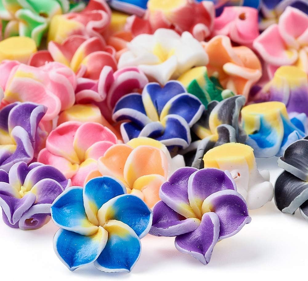 Craftdady 200 cuentas sueltas de arcilla polimérica Plumeria Flower Spacer 0.472×0.315 in colores mezclados al azar 5 pétalos florales abalorios de