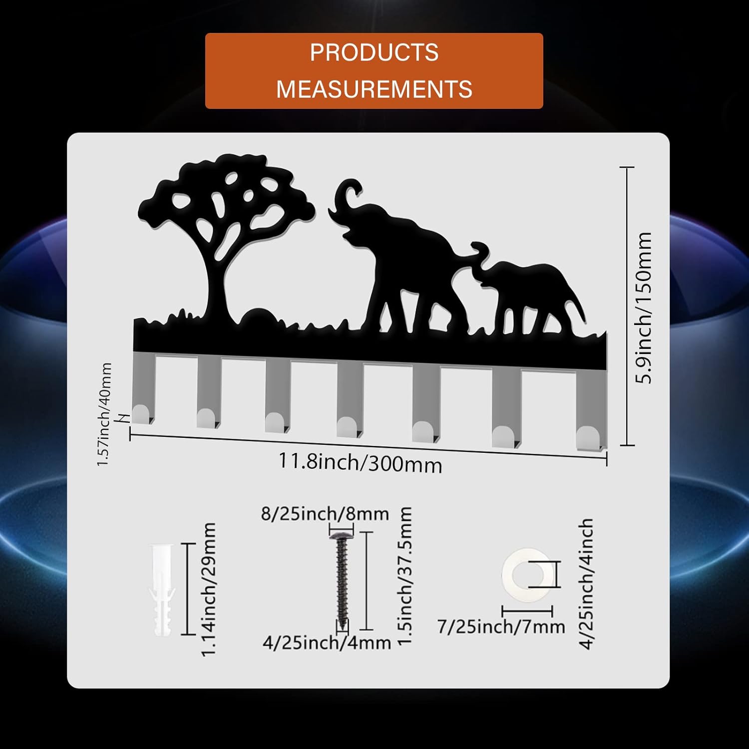 Soporte para llaves de elefante para pared, ganchos de metal para llaves montado en la pared con 7 ganchos, organizador negro para colgar en la