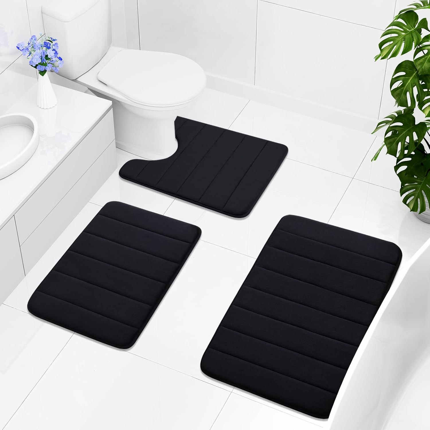 Buganda Juego de 2 tapetes de baño de espuma viscoelástica y tapete para inodoro en forma de U, lavable a máquina, suave, antideslizante,