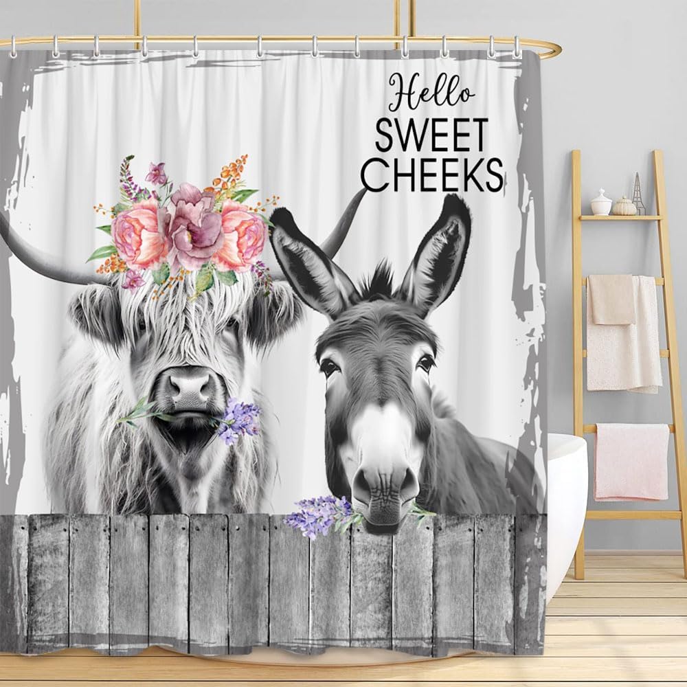 Cortina de ducha de animales de granja, divertido burro de vaca de las tierras altas con valla de flores, citas divertidas, tela de poliéster, juego