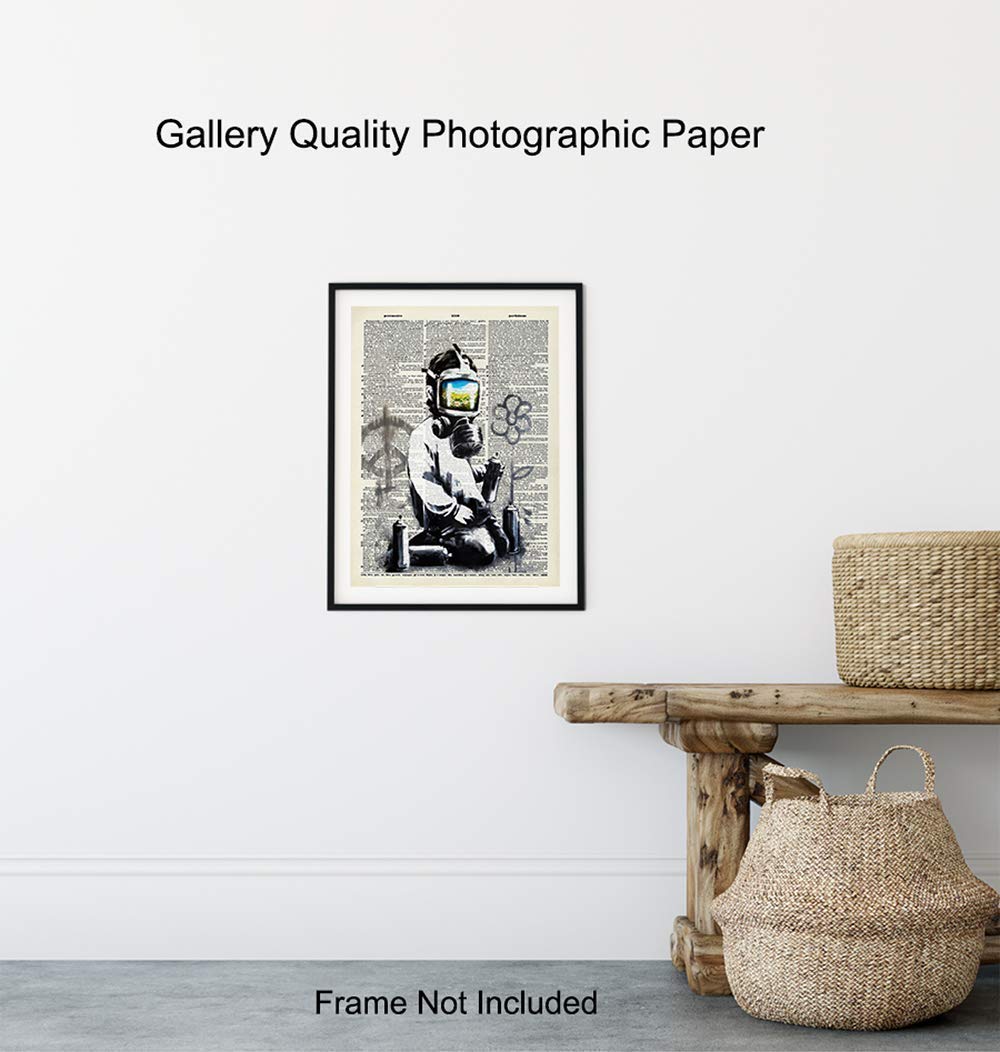 Banksy Gas Mask Graffiti Street Art Mural – Contemporary Dictionary Art, Home Decor – Upcycled Wall Art Print, Poster – Unique Room Decorations –