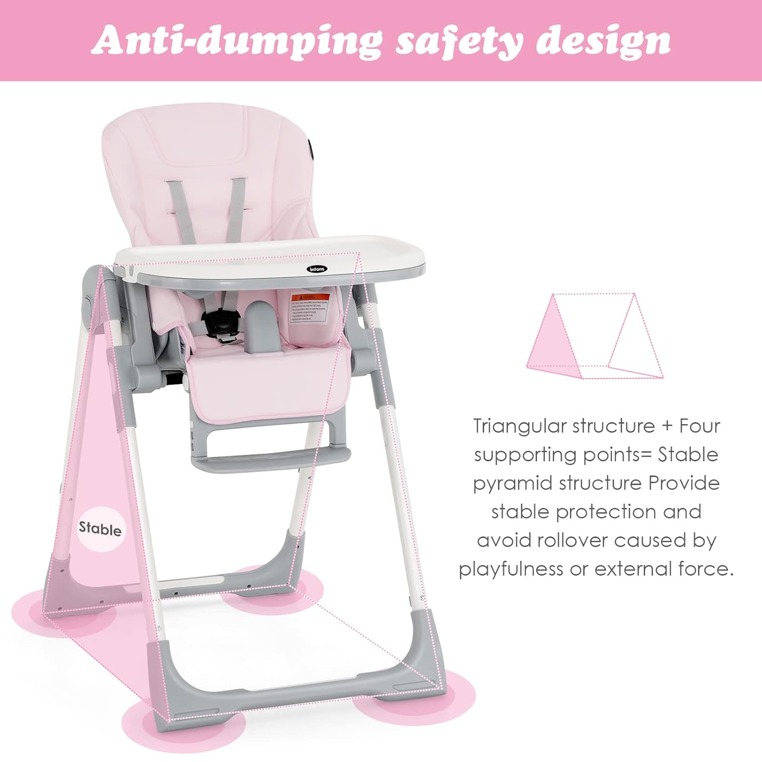 INFANS Silla alta para bebés y niños pequeños, silla alta plegable con respaldo ajustable múltiple, reposapiés y altura del asiento, bandeja