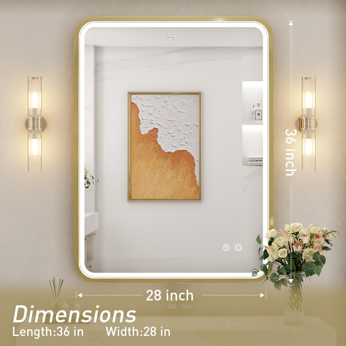 Espejo de baño LED de 28 x 36 pulgadas con luces, espejos de tocador iluminados para montar en la pared con marco de metal dorado que no se oxida,