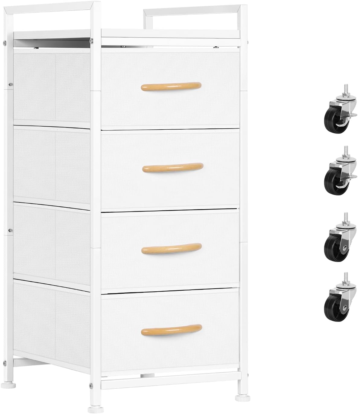 Cómoda de tela para dormitorio, 4 cajones con tablero de madera, organizador de almacenamiento vertical con ruedas, cajoneras para armario, sala de