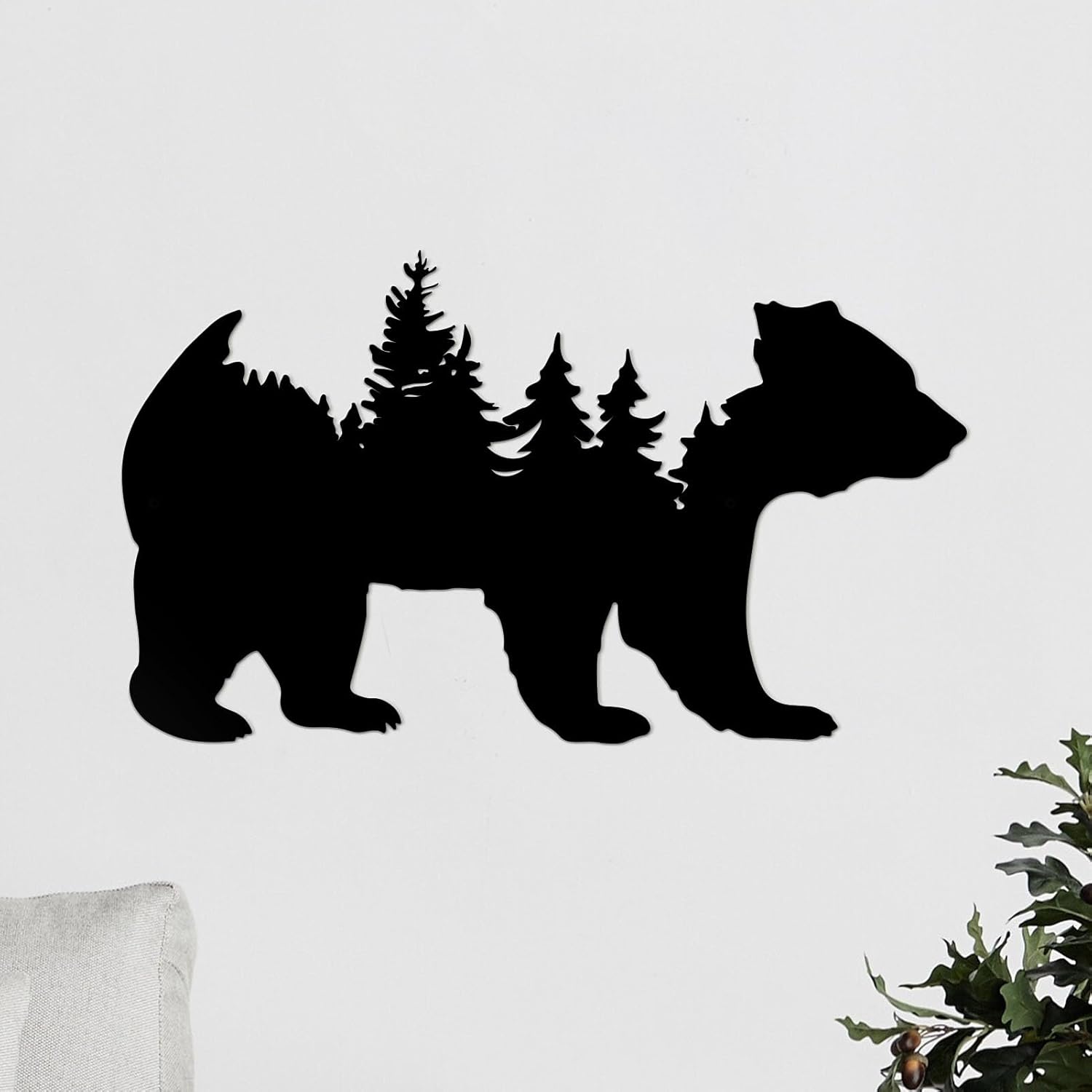 Arte de pared de metal, bosque moderno, pino, oso, decoración rústica, decoración de desierto, adornos de montaña para sala de estar, dormitorio,